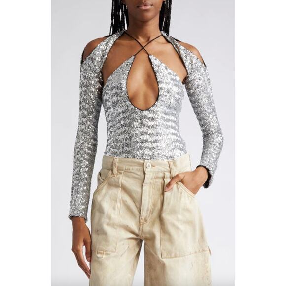 The Attico Sequin Zane Metallic Crossover Cut-out Top - Picture 9 of 16
